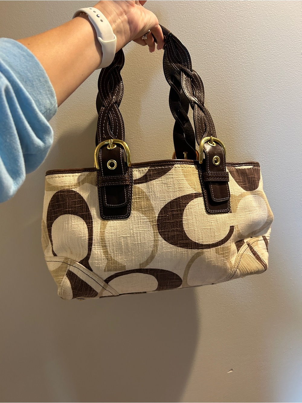 Rare Coach Y2K Tonal Cream Brown Canvas Signature Braided Tote Bag 12195